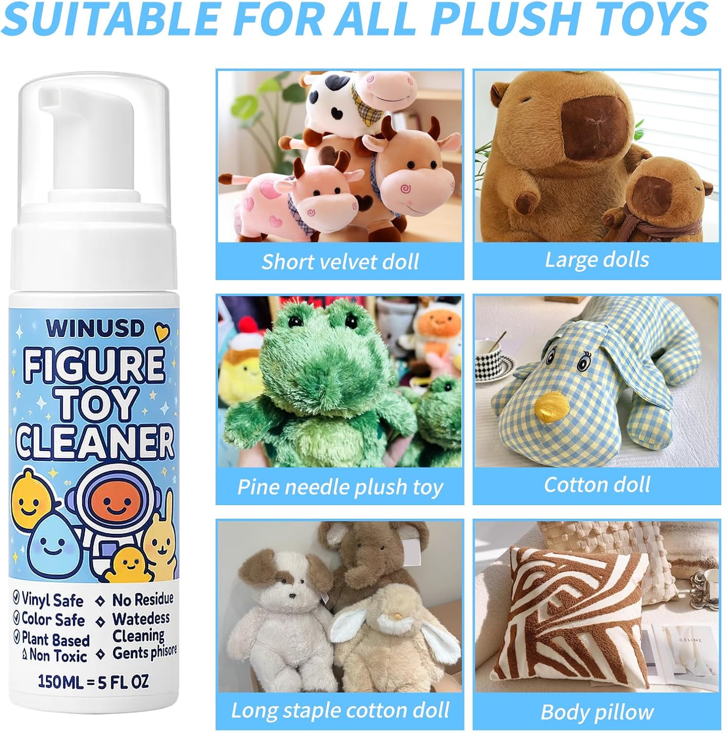 Figure & Plush Toy Cleaner - 5oz Foam Spray for Stuffed Animals & Soft Dolls with Brush & Cloth | No Rinse, Zero Residue, Color-Safe| Safe for Delicate Fabrics & Pets, Christmas Gifts for Plush Lovers - Image 8