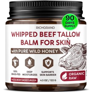 RICHGRAND Beef Tallow for Skin – Whipped Tallow and Honey Balm – Grass Fed Beef Tallow for Face, Daily Moisturizer & Body Butter – Natural Non Comedogenic Skincare (4.3 oz)