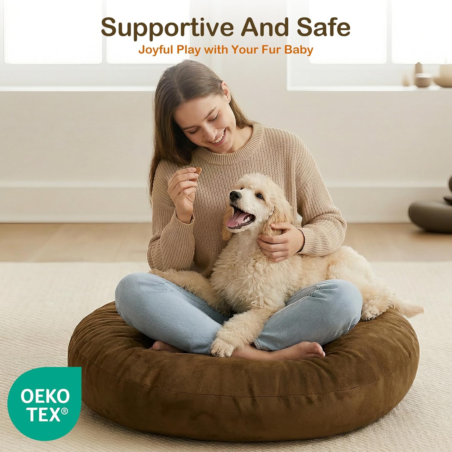 Codi Meditation Cushions Set of 2 – Large Round Floor Pillows for Adults with Removable Washable Cover, Soft and Supportive Floor Cushion for Yoga, Seating and Dog Bed, 32 inch - Coffee - Image 2