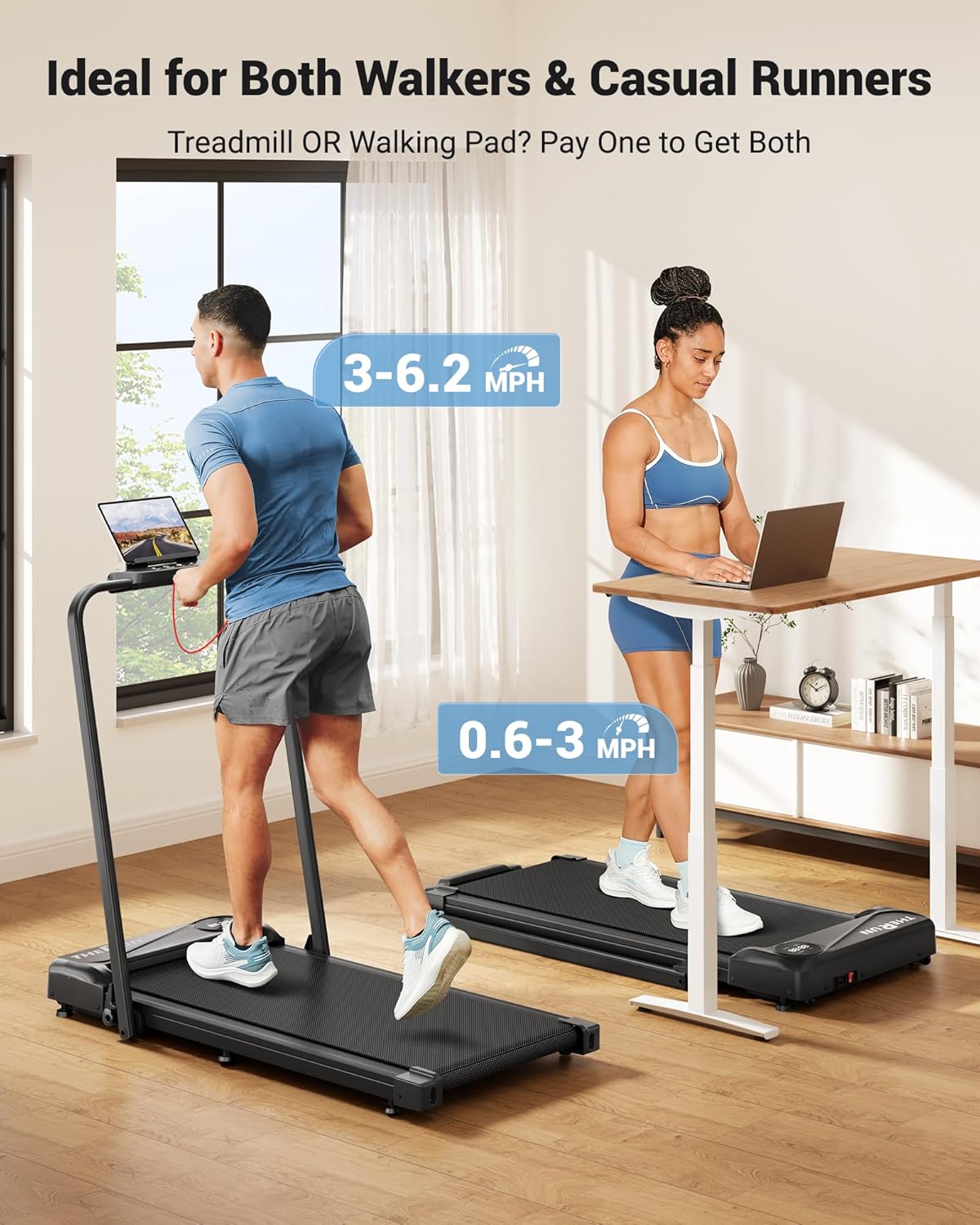 THERUN Walking Pad, 2 in 1 Foldable Treadmills for Home, 2.5HP Under Desk with Handle Bar, 16" Widened Running Belt, Treadmill with Remote Control & LED Touch Screen - Image 2