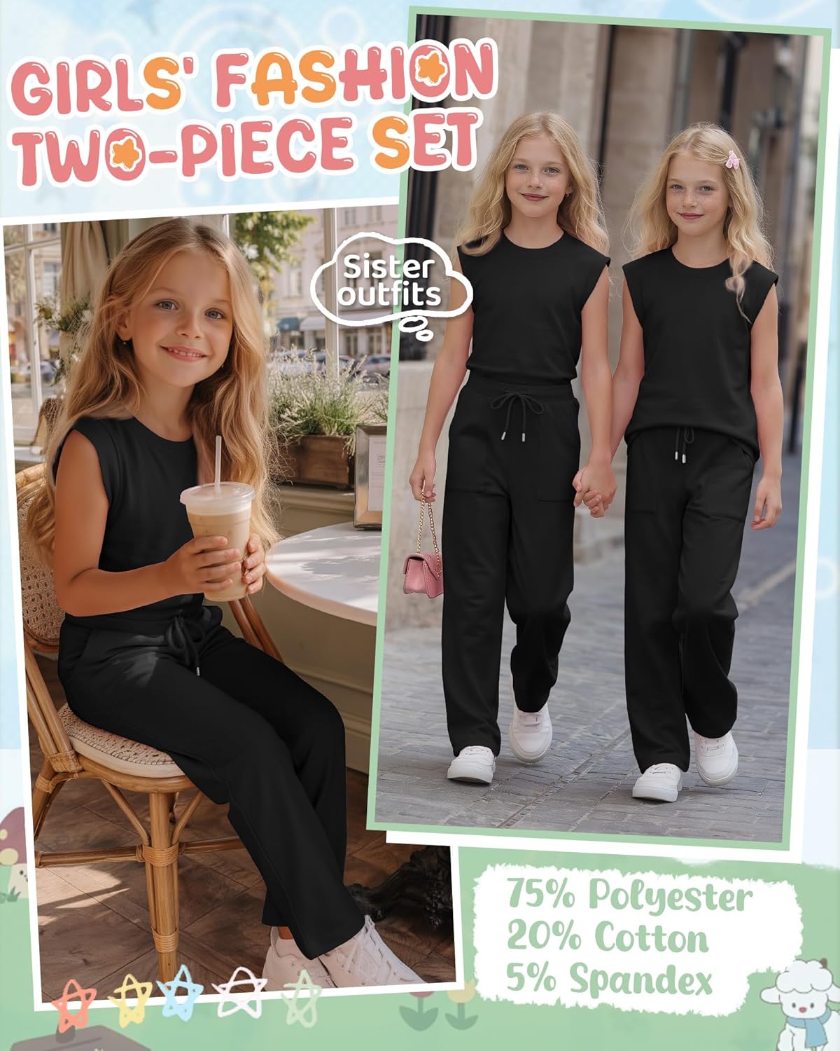 Girls 2 Piece Outfit Sets Short Cap Sleeve Crewneck Top Drawstring Straight Leg Pant Pocket Lightweight Clothes - Image 6