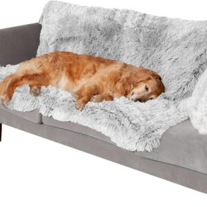 FurHaven Waterproof Throw Blanket For Dogs & Indoor Cats, Reversible Protective Pet Blanket, Extra Large, Long Faux Fur & Velvet, Mist Gray