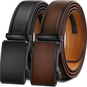 KEMISANT Men Belt 2 Pack, Leather Ratchet Belt Easy Click Slide For Men 1 3/8″,Cut for Fit