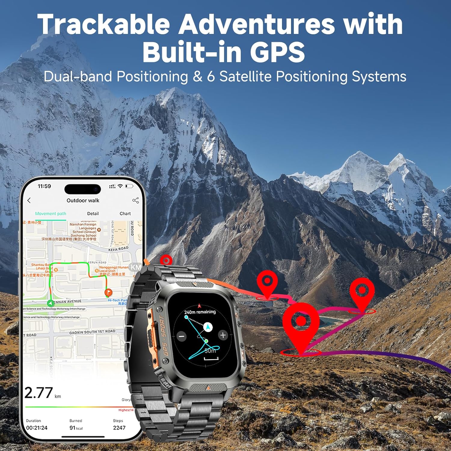 GPS Smart Watch for Men (Answer/Make Calls), 2.01'' Military Rugged Smartwatches for Android iPhone Fitness Tracker with Compass/10 Days Battery/Heart Rate/Sleep/100+ Sport Modes(2 Straps) - Image 2