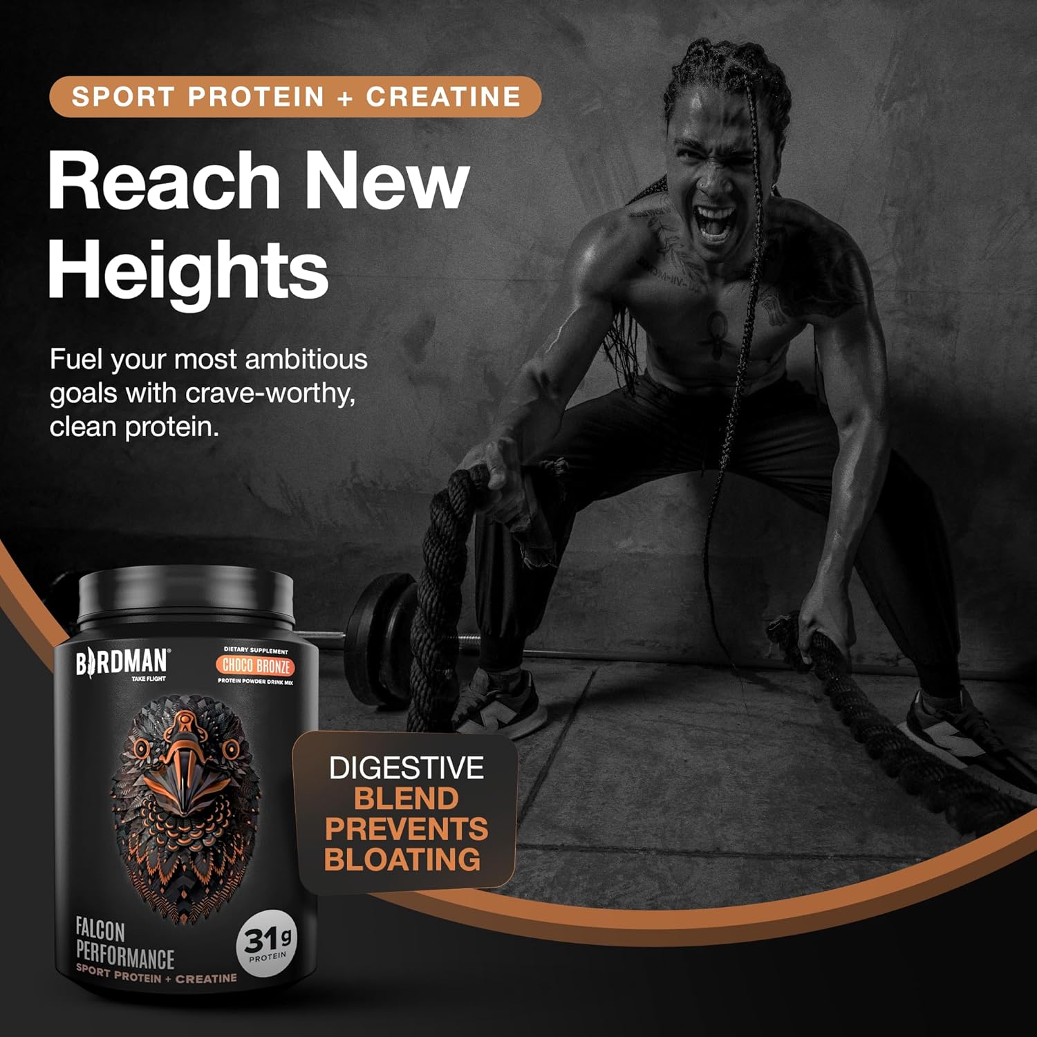 Birdman Falcon Performance Vegan Protein Powder, 31g Protein, 5g Creatine, 5g BCAA, Probiotics, Electrolytes, Pre Workout, Low Carb, Sugar Free & Dairy Free, Plant Based Chocolate Protein -19 servings - Image 2