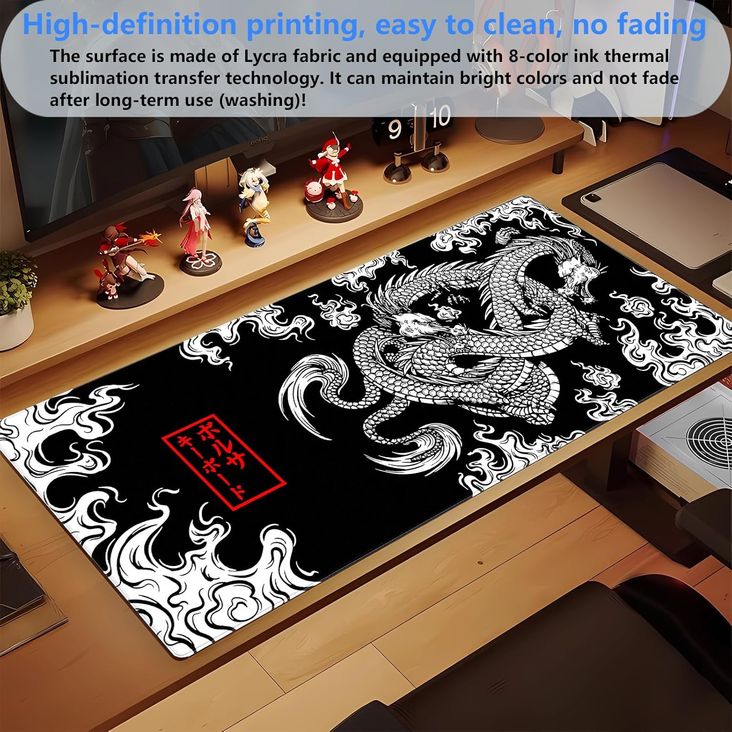 Black and White Mouse Pad Extra Large Gaming Mousepad XL Dragon Desk Mats Japanese Full Desk Keyboard Mat Computer Pad Desk Matt with Stitched Edges Non-Slip Desktop Mat 31.5 x15.7 in - Image 5