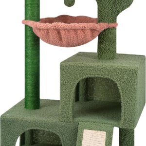 ROYPET Cactus Cat Tree Tower with Twin Cat Condos for Indoor Cats, All-in-One Activity Center with Cat Scratching Post Cozy Sleeping Perch Hammock Scratching Pad and Toy Balls,Green