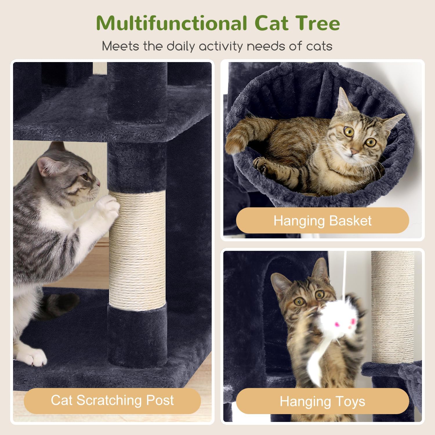 Globlazer Corner Cat Tree 66 inch Multi-Level Climbing Tower Kitty Condos Cat Scratching Tower for Indoor Multiple Cats with Large Platform, 3 Cat Caves, F66, Dark Grey - Image 3
