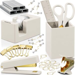 Aesthetic Desk Accessories Set – A Complete Desktop Organizer Set For Women Enhances Any Office Decor – An Office Supplies Kit w Gold Finish incl. Pen Holder, Scissors, Stapler, Tape Dispenser & More