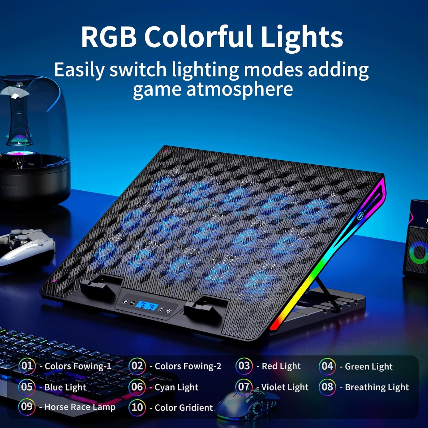 KeiBn Laptop Cooling Pad, Gaming Laptop Fan Cooling Pad with 15 Quiet Fans, RGB Laptop Cooler for 10-17.3 Inch, 4 Height Stands, 2 USB Ports - Blue - Image 5