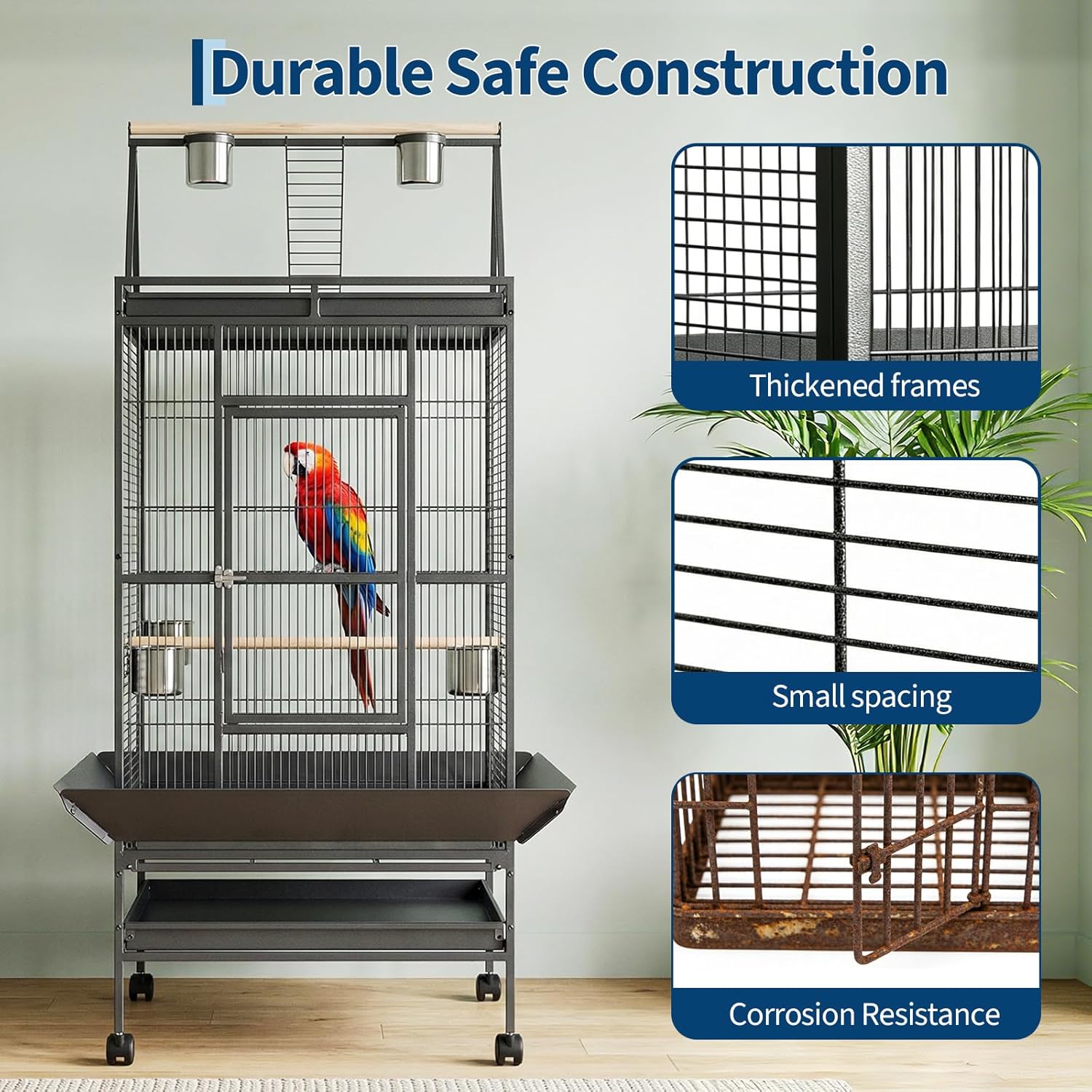 68“h Bird Cage, Large Bird Cage with Play Top, Rolling Stand for Parakeets, Cockatiels, Parrots, Budgies, Lovebirds, Small/Medium Birds - Image 3