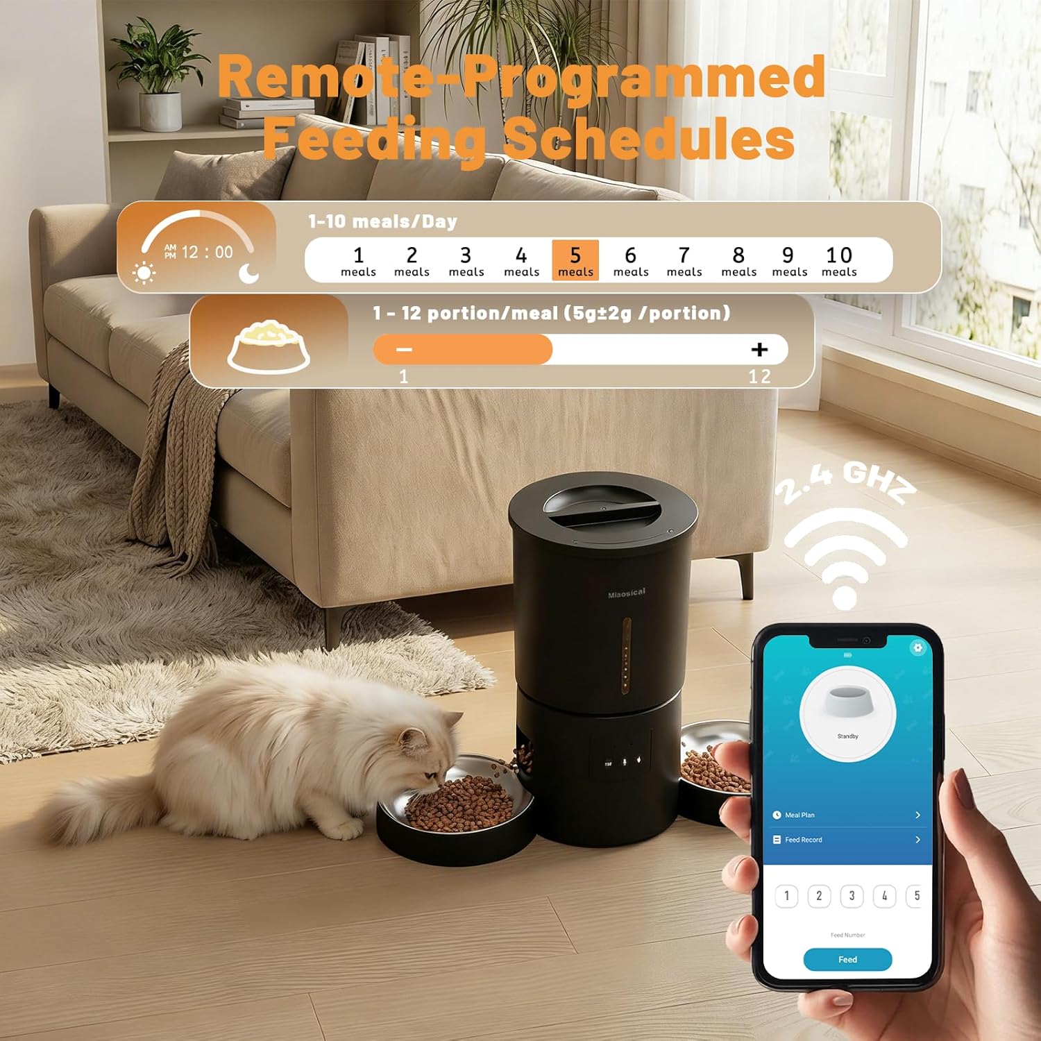 Miaosical Automatic Cat Feeder 2 Cats,2.4G WiFi Timed Auto Cat Food Dispenser with Dual Bowls,4.2L Smart App Control,Equal Portion Feeding for Multiple Cats (Black, 4.2L WiFi Dual Bowl) - Image 7