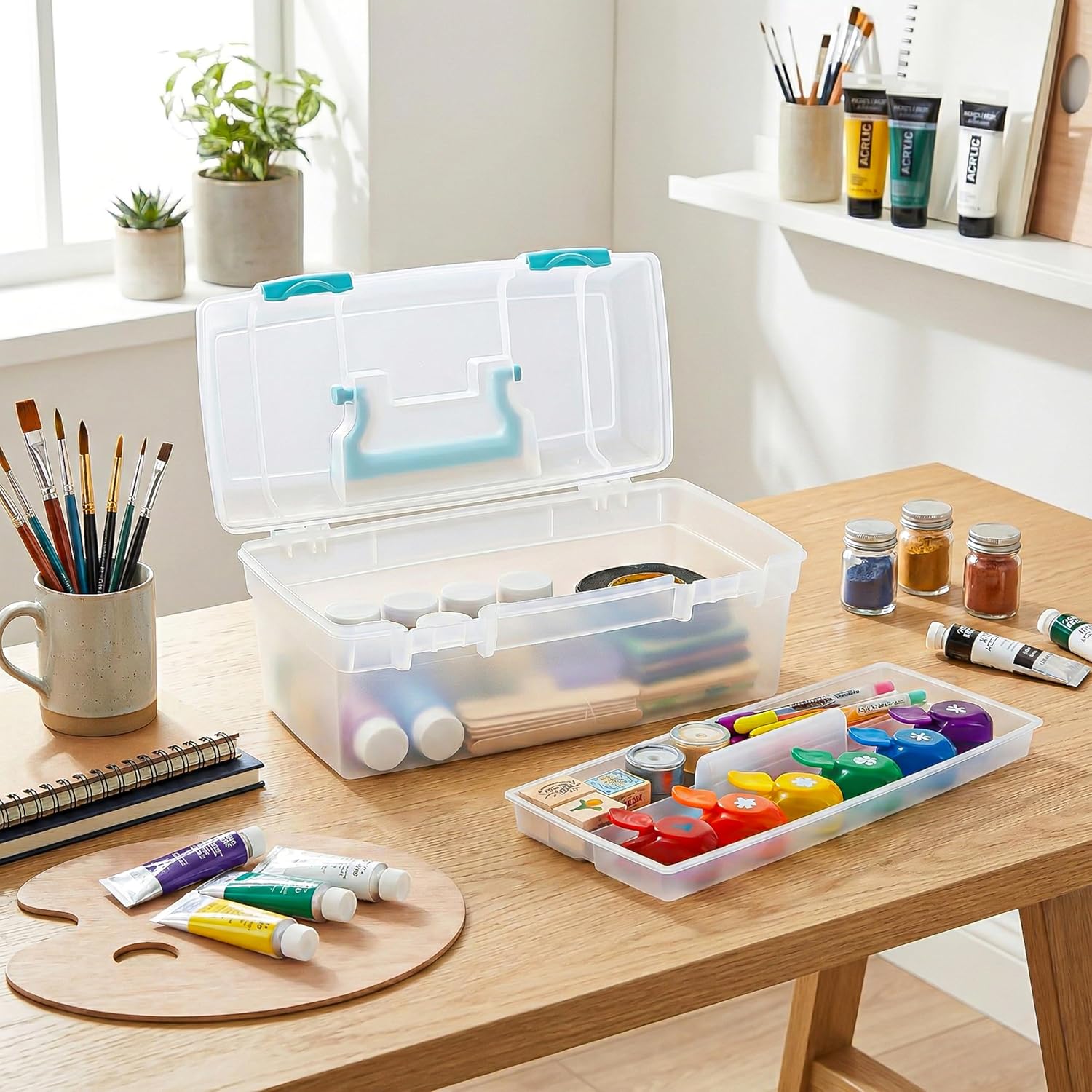 ArtBin 6937AG Essentials Lift-Out Tray Box, Portable Art & Craft Organizer with Handle and Tray, Clear/Aqua - Image 2