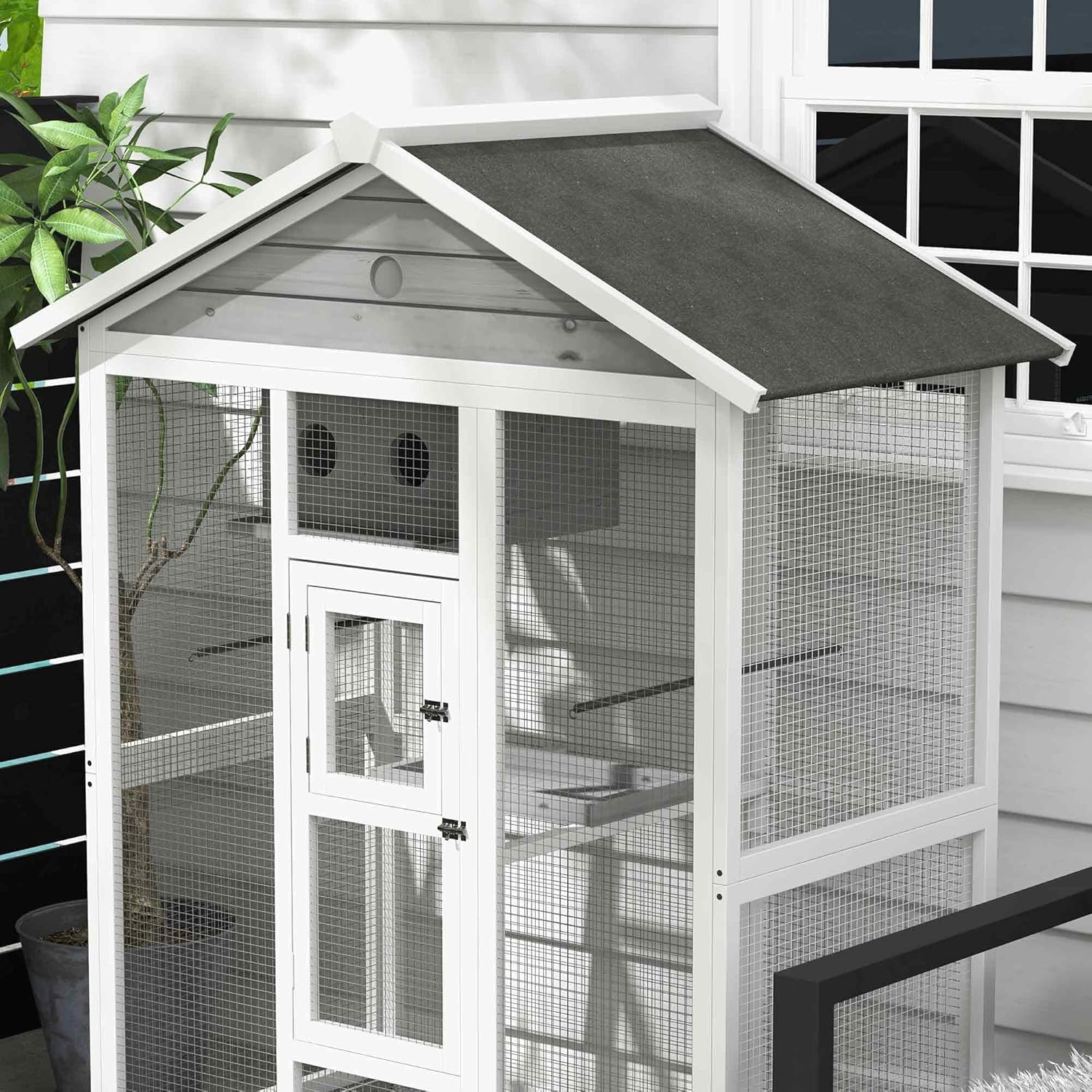 PawHut 64.5" Wooden Bird Cage Aviary, Flight Cage with 4 Perches, Nest and Slide-Out Tray for Indoor/Outdoor, Gray - Image 9