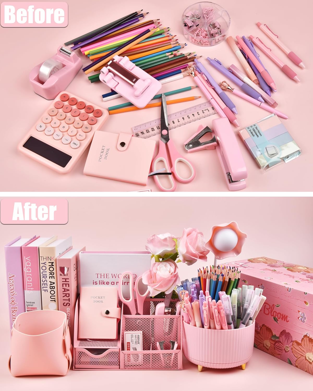 LXEVIHK 21Pcs Pink Desk Organizers and Accessories With Mesh Desk Organizer and 360°Rotating Pen Holder and a Lot of Office Pink Office Supplies Beautifully Presented in a Gift Box - Image 3