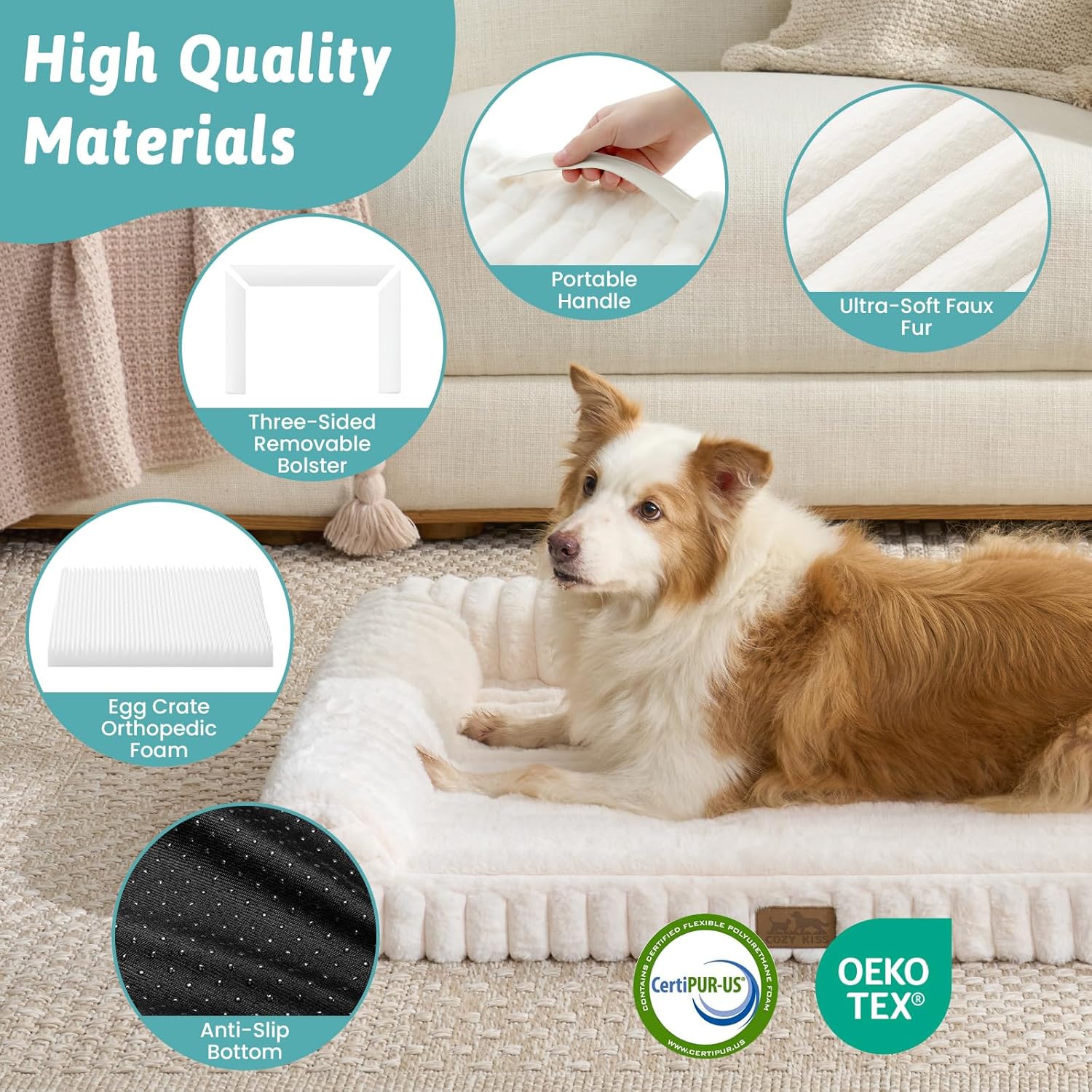 COZY KISS Cute Dog Bed for Medium Dogs, Faux Rabbit Fur Orthopedic Foam Dog Bed with Sides, Removable Washable Cover & Waterproof Lining, Comfortable Pet Couch, Cream (36" L x 27" W x 6.5" Th) - Image 6