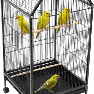 Large Bird Cage, Movable Pet Bird Flight Cages with 5 Doors Wheels, Panorama Bird Aviary Indoor with Stand 17.9×17.9×39.9in, Fit for a Canary, Finch, Cockatiels, Conures, Parrot, Lovebirds