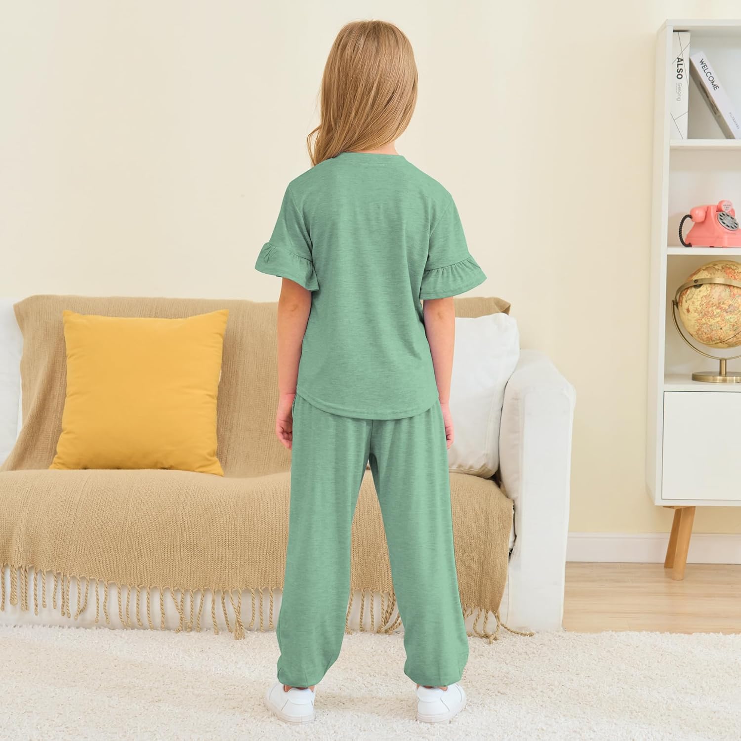 Jimonda Kids Girls Outfits Ruffle Sleeve T-Shirt and Pants Set with Side Pockets Clothing Set 2 Piece 4-13 Years Old - Image 4