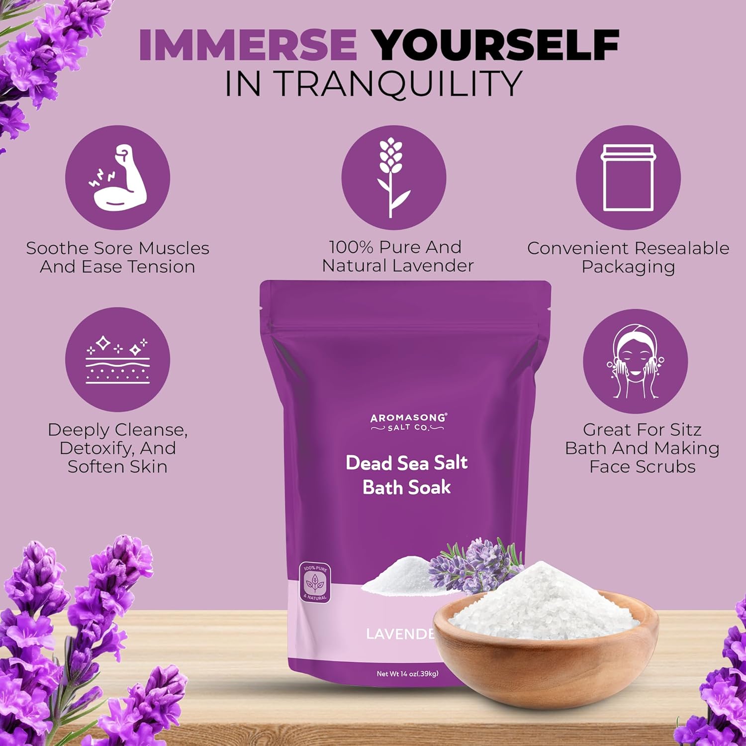 Aromasong Dead Sea Salt for Soaking with Natural Lavender Essential Oil – 14 Oz. Spa Bath Salt Fine Grain 7 Uses Per Pack - for Body Wash Scrub - Soak for Women & Men for Tired Muscles & Skin Issues - Image 2