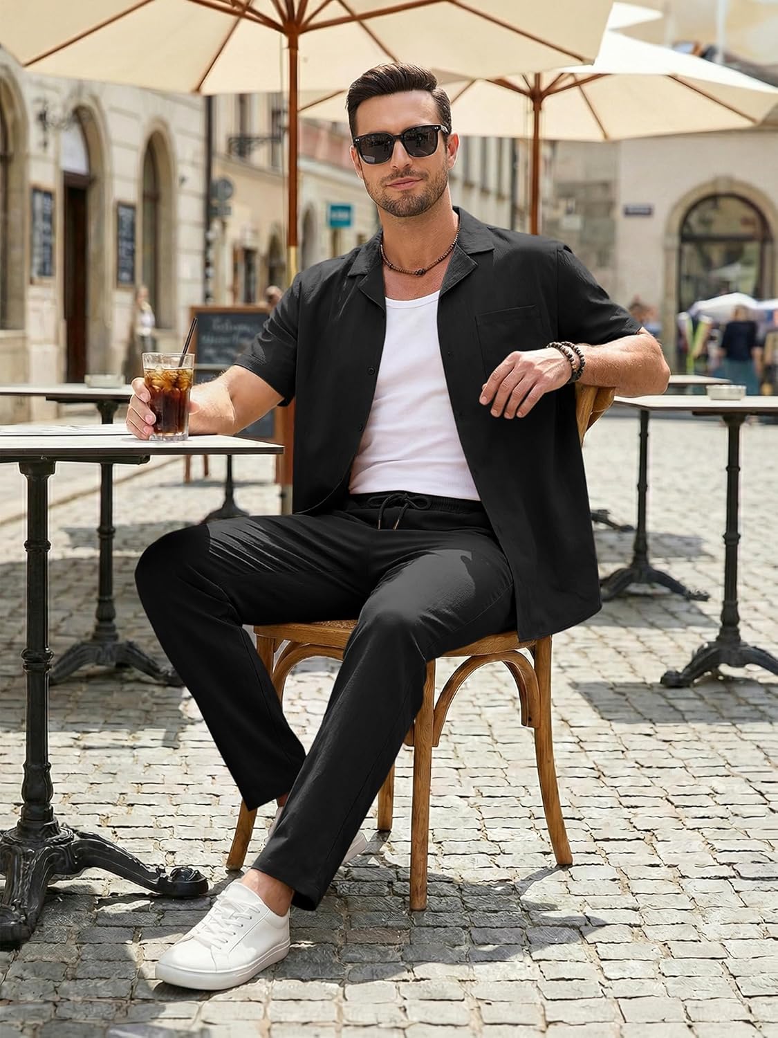 JMIERR Men Texture 2 Piece Outfit Short Sleeve Lightweight Beach Button Down Shirt Casual Pant Sets with Pocket - Image 3