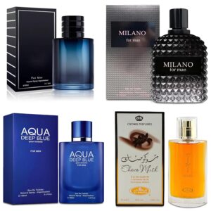 AFLUXE 4-Piece Cologne for Men Includes Choco Musk/SE/Aqua Deep Blue/Milano Scent of Woody, Spicy, Citrus & Aromatic eau de parfum Men Gift Set Each 100Ml for Daily Use