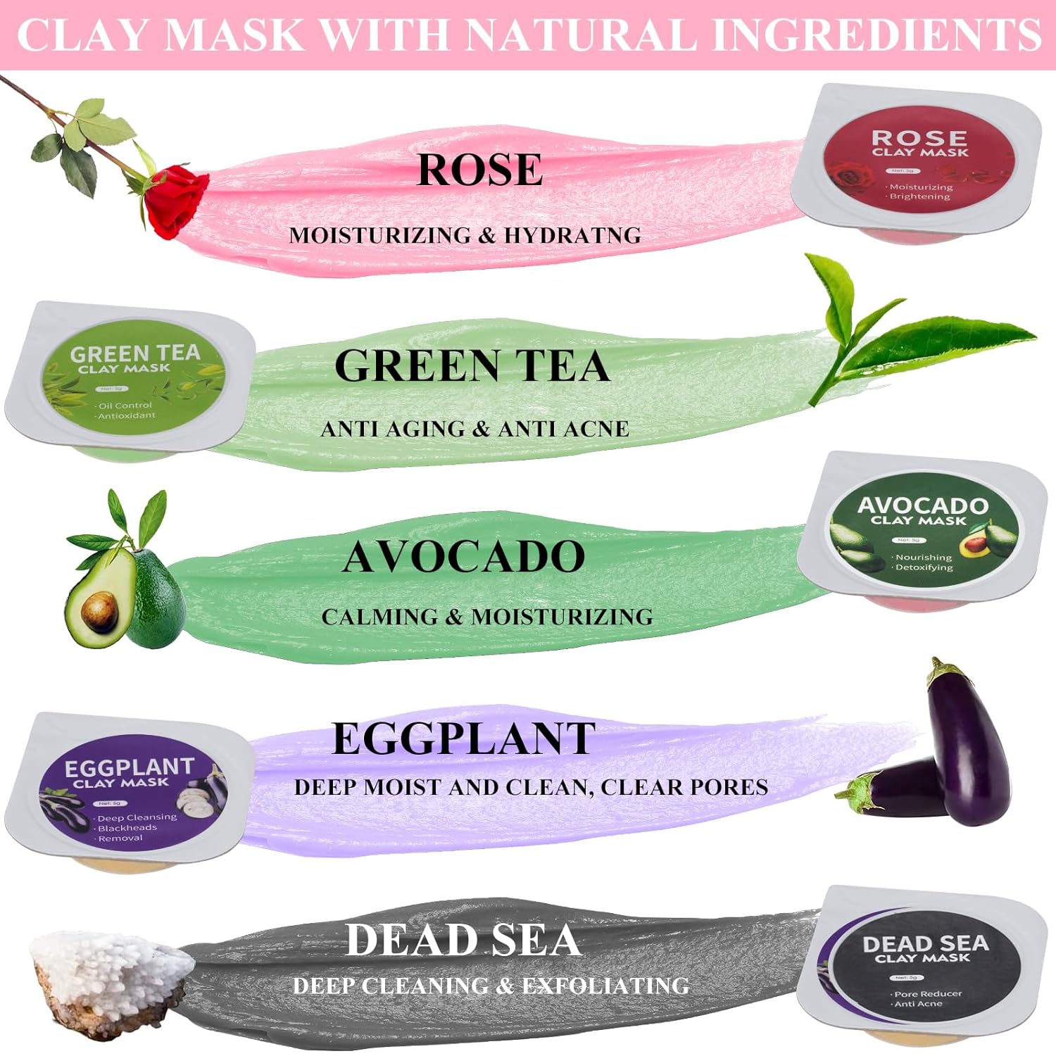 Clay Mask Set 20 Pods, Face Mask Skin Care, Green Tea, Turmeric, Dead Sea Mud, Rose, 24K Gold, Eggplant, Avocado, Mud Mask Deep Cleansing Skin, Blackhead Removal, Men & Women Facial Mask - Image 2