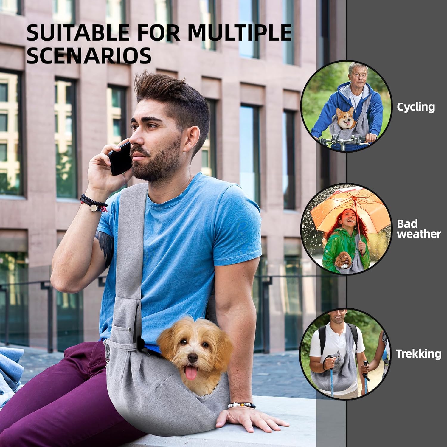 Dog Carrier Sling - Reversible Puppy Carrier Purse with Storage Pocket, Hand-Free Dog Sling Carrier for Carry Small Dogs and Cats, Travel Safety Harness, Dog and Cat Harness (Gray) - Image 2