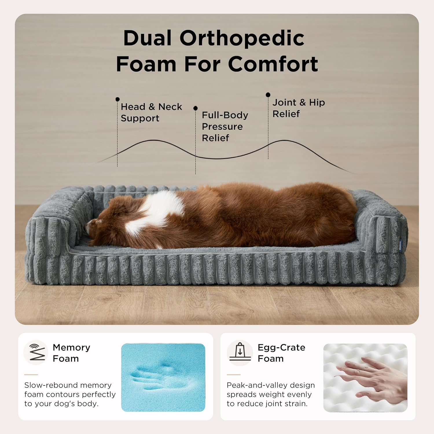 Bedsure ComfyFleece™ Orthopedic Dog Beds Large Sized Dog, Waterproof Memory Foam Pet Couch Sofa with Sides, Non-Slip Bottom and Egg-Crate Foam Large Pet Bed with Washable Corduroy Cover, Grey - Image 2