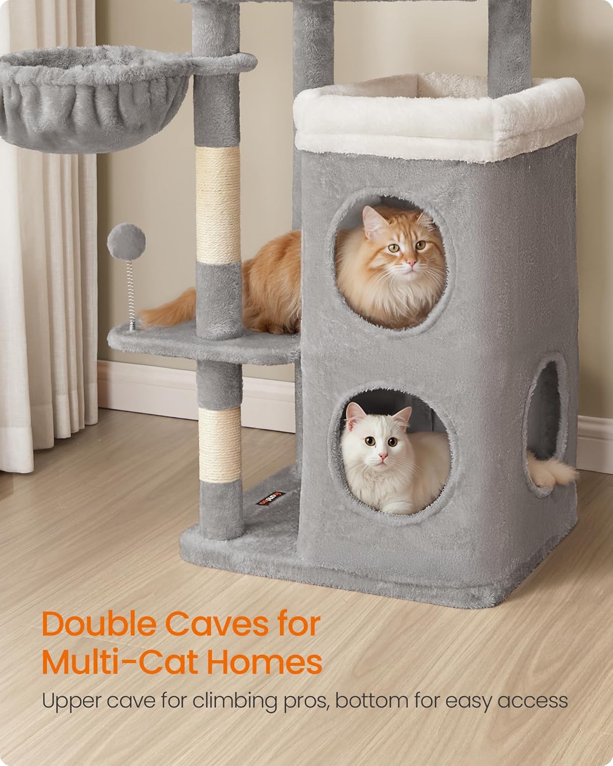 Feandrea Cat Tree, 60-Inch Cat Tower, Multiple-Level Plush Condo with 2 Caves, 3 Scratching Posts, 3 Perches, Dove Gray UPCT007G01 - Image 3