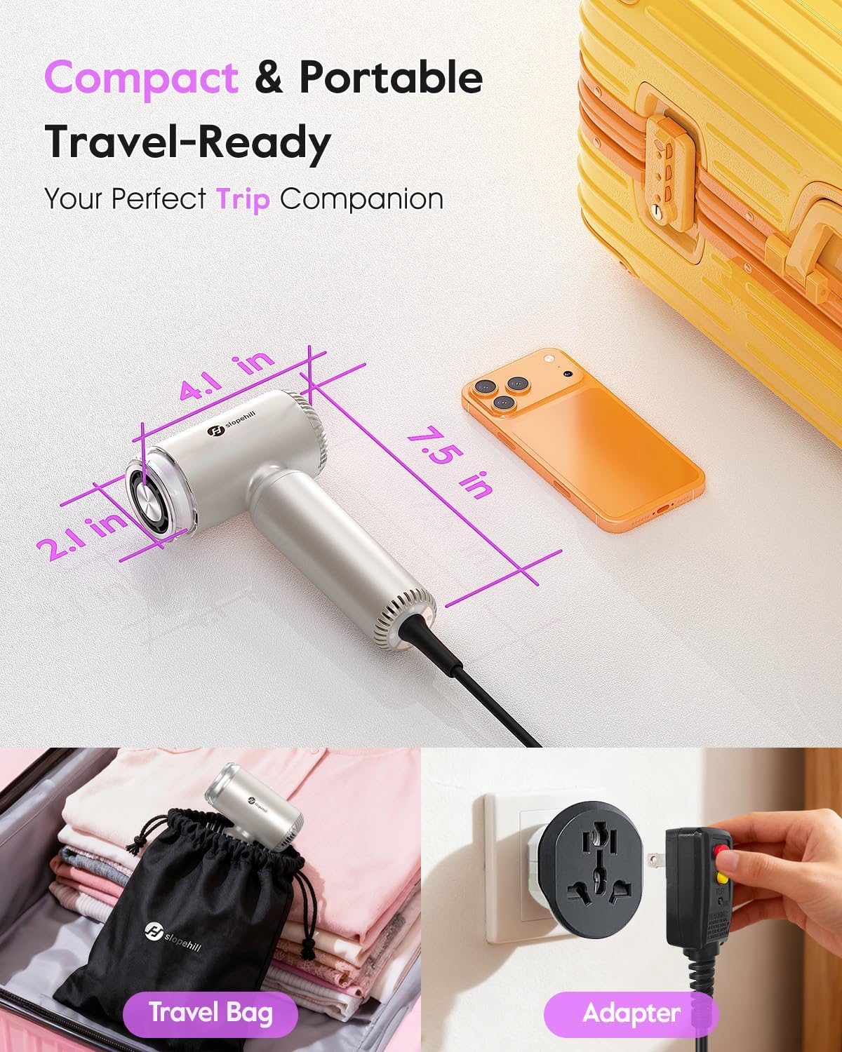 slopehill Dual Voltage Travel Mini Hair Dryer, Lightweight Ionic Blow Dryer, Professional Fast Drying, Compact Portabe Quiet Hairdryer with Magnetic Diffuser for Women, International European 100-240V - Image 8