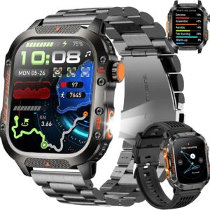 GPS Smart Watch for Men (Answer/Make Calls), 2.01” Military Rugged Smartwatches for Android iPhone Fitness Tracker with Compass/10 Days Battery/Heart Rate/Sleep/100+ Sport Modes(2 Straps)