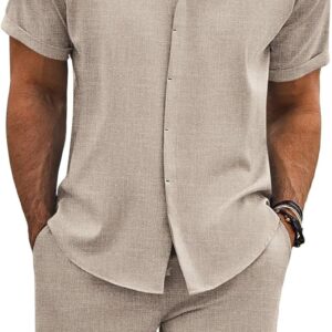 COOFANDY Men’s Summer Beach Outfits 2 Piece Short Sleeve Shirts and Shorts Vacation Texture Linen Sets for Men