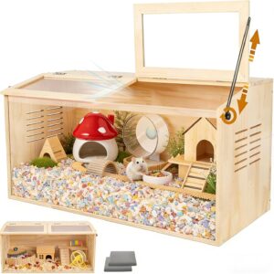 Wooden Hamster Cage,32″ Lx16 Wx16 H,2 Washable Liner, Animal Cabinet for Dwarf Syrian Hamsters Degus, Hamster Habitat with Openable Top and Large Acrylic Sheets, Natural Wooden Hamster Habitat