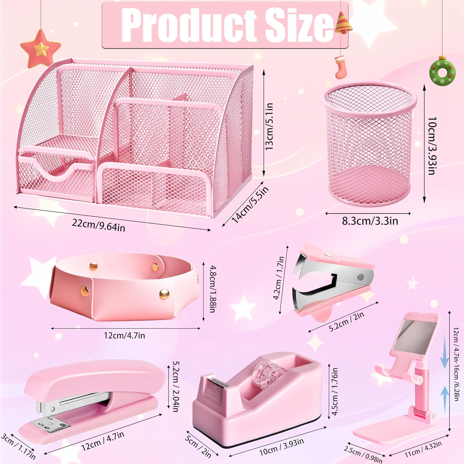 Pink Desk Accessories, 24Pcs Pink Office Supplies and Desk Organizers, with Tape Dispenser, Stapler, Staple Remover, Ect, Gift Box Packaging - Image 6