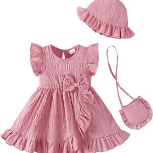 SODLON Toddler Baby Girl Dress Summer Clothes Outfits Ruffle Sleeveless Bow Dresses Beach Vacation Sundress with Hat