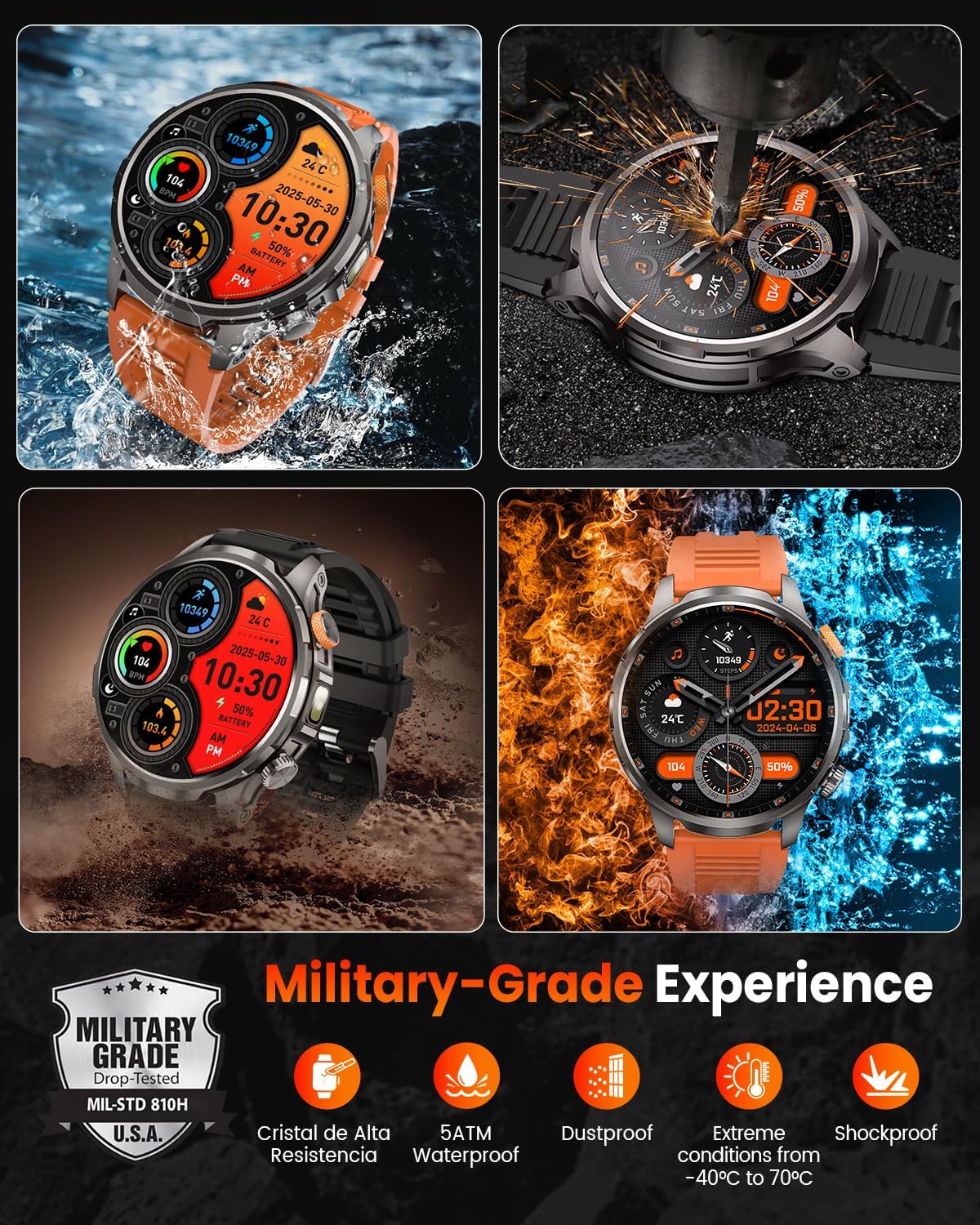 Military Smart Watches for Men, 1.91" Men's Smart Watch with 1000mAh/5 ATM Waterproof/LED Flashlight/110+ Sport Modes/Heart Rate/SpO2/Sleep Monitor, Fitness Tracker Watch for Android & iPhone (Black) - Image 8