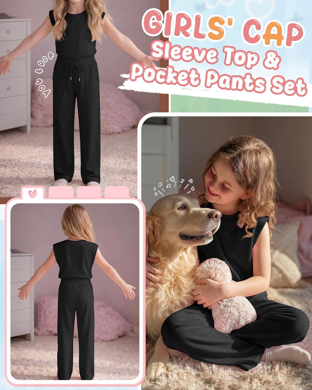 Girls 2 Piece Outfit Sets Short Cap Sleeve Crewneck Top Drawstring Straight Leg Pant Pocket Lightweight Clothes - Image 4