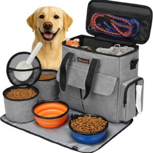 Modoker Dog Travel Bag, Weekend Pet Travel Set for Dog and Cat, Airline Approved Tote Organizer with Multi-Function Pockets, 2 Food Storage Containers, 2 Collapsible Bowls, 1 Feeding Mat (Grey)