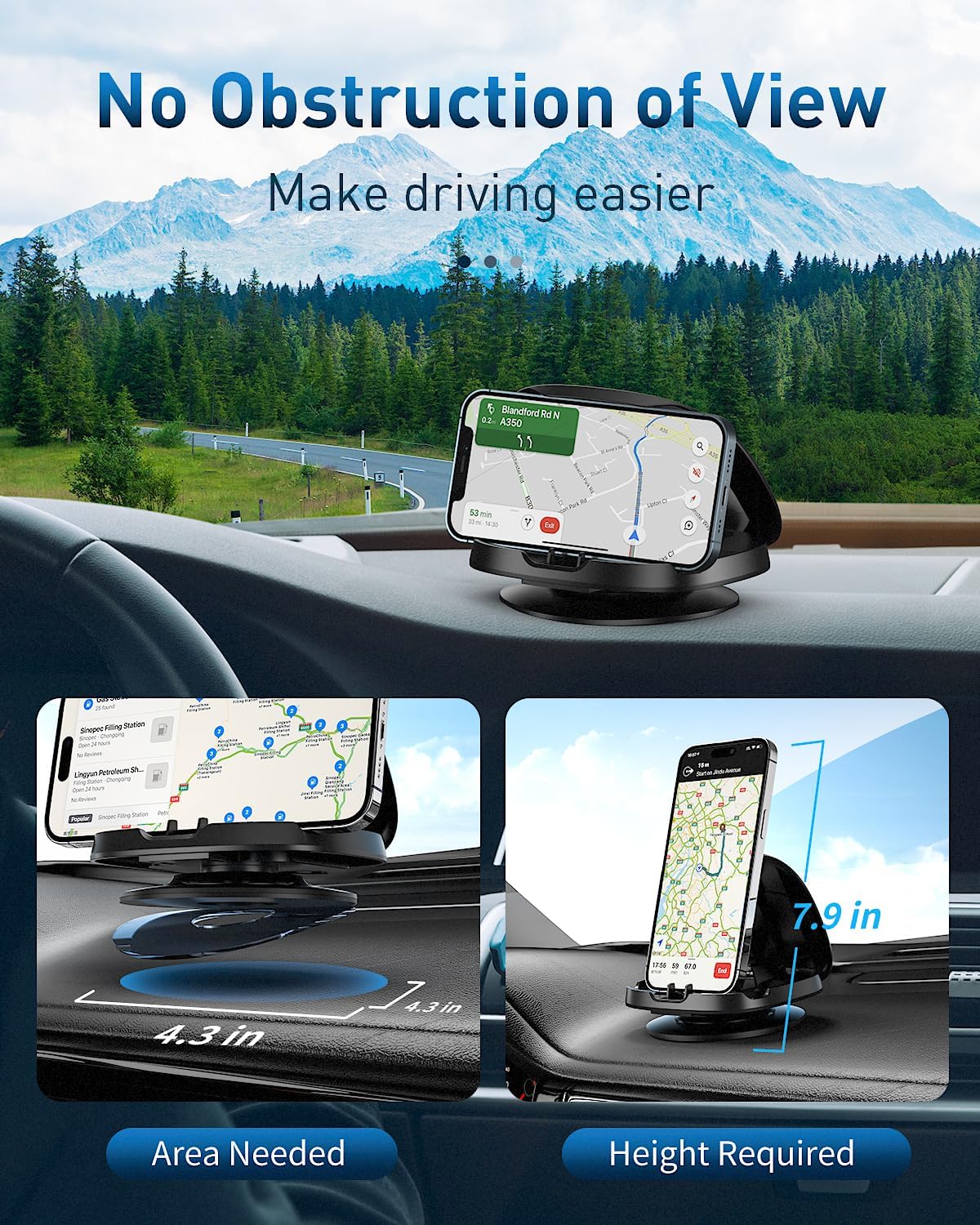 Phone Mount for Car, 360° Rotatable Dashboard Horizontal & Vertical Viewing Cell Phone Holder, Washable Reusable Car Phone Mount, for iPhone Samsung & Smartphones - Image 6