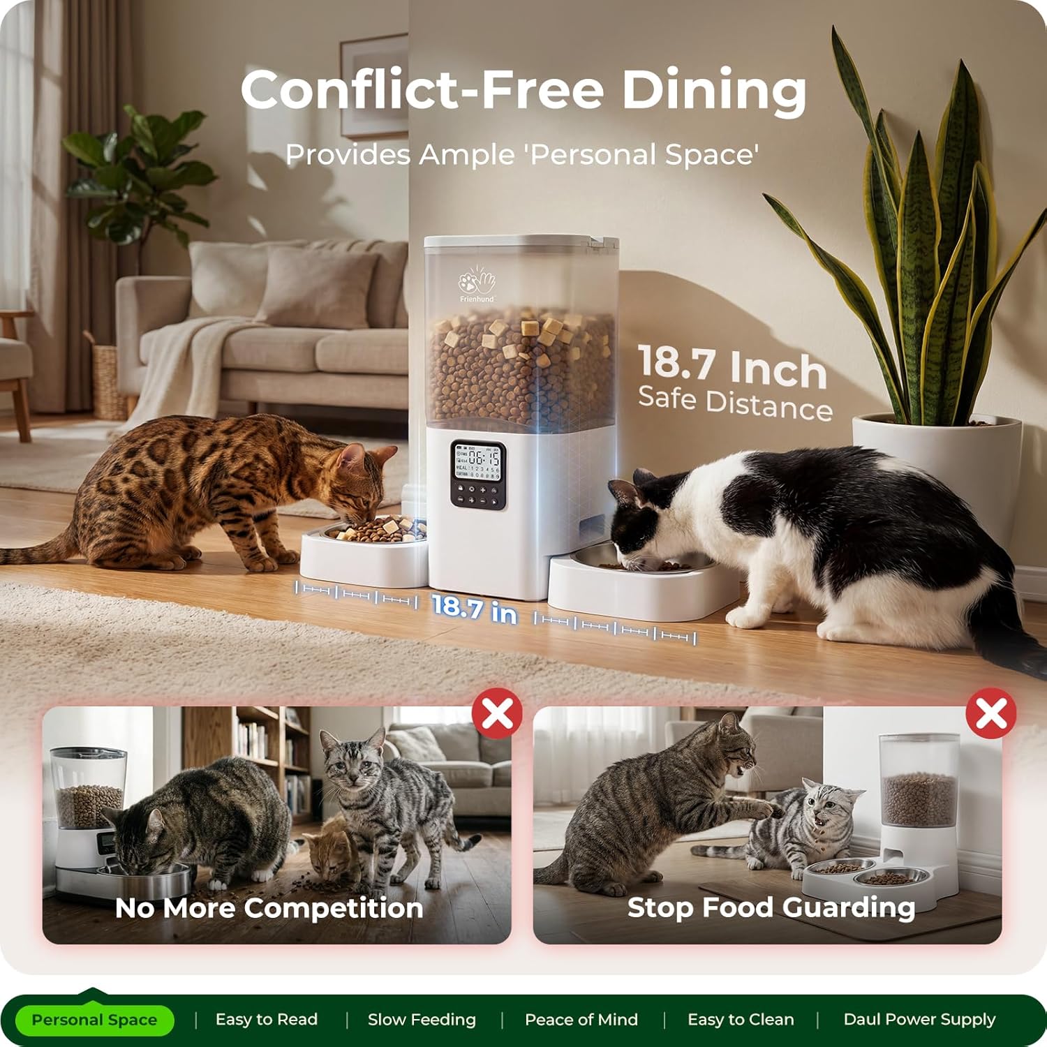 Frienhund Timed Automatic Cat Feeder 2 Cats with Slow Feed: Dual Automatic Dog Feeder with Information Visualization, Programmable Auto Cat Food Dispenser for Multiple Pets,Detachable for Clean-29 Cup - Image 2