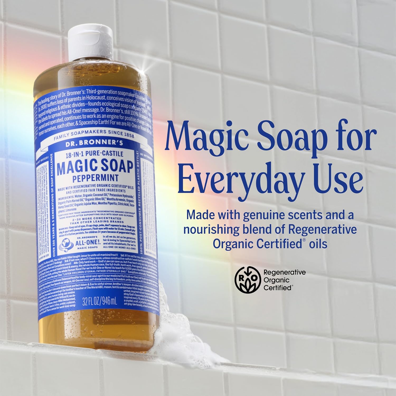 Dr. Bronner's Pure-Castile Magic Liquid Soap - Made with Regenerative Organic Certified Oils- 18-in-1 Uses for Face, Body, Hand, Hair, Laundry & More- Vegan, Non-GMO- Body Wash- Peppermint,32oz - Image 2