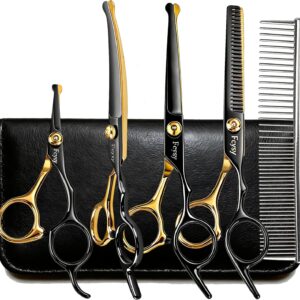 Dog Grooming Scissors Kit, Fcysy Professional Pet Shears for Cats at Home, Dog Grooming Tools with Curved & Straight Blades Scissors Thinning Shears Pet Supply Set
