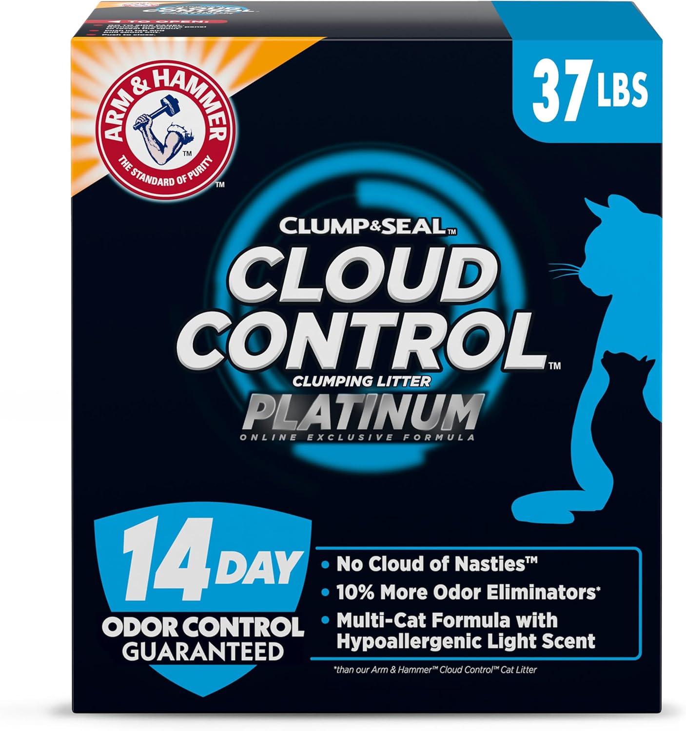 ARM & HAMMER Cloud Control Platinum Cat Litter, Multi-Cat Clumping Litter, Hypoallergenic and Dust-Free, 14-Day Odor Control, 37 lbs