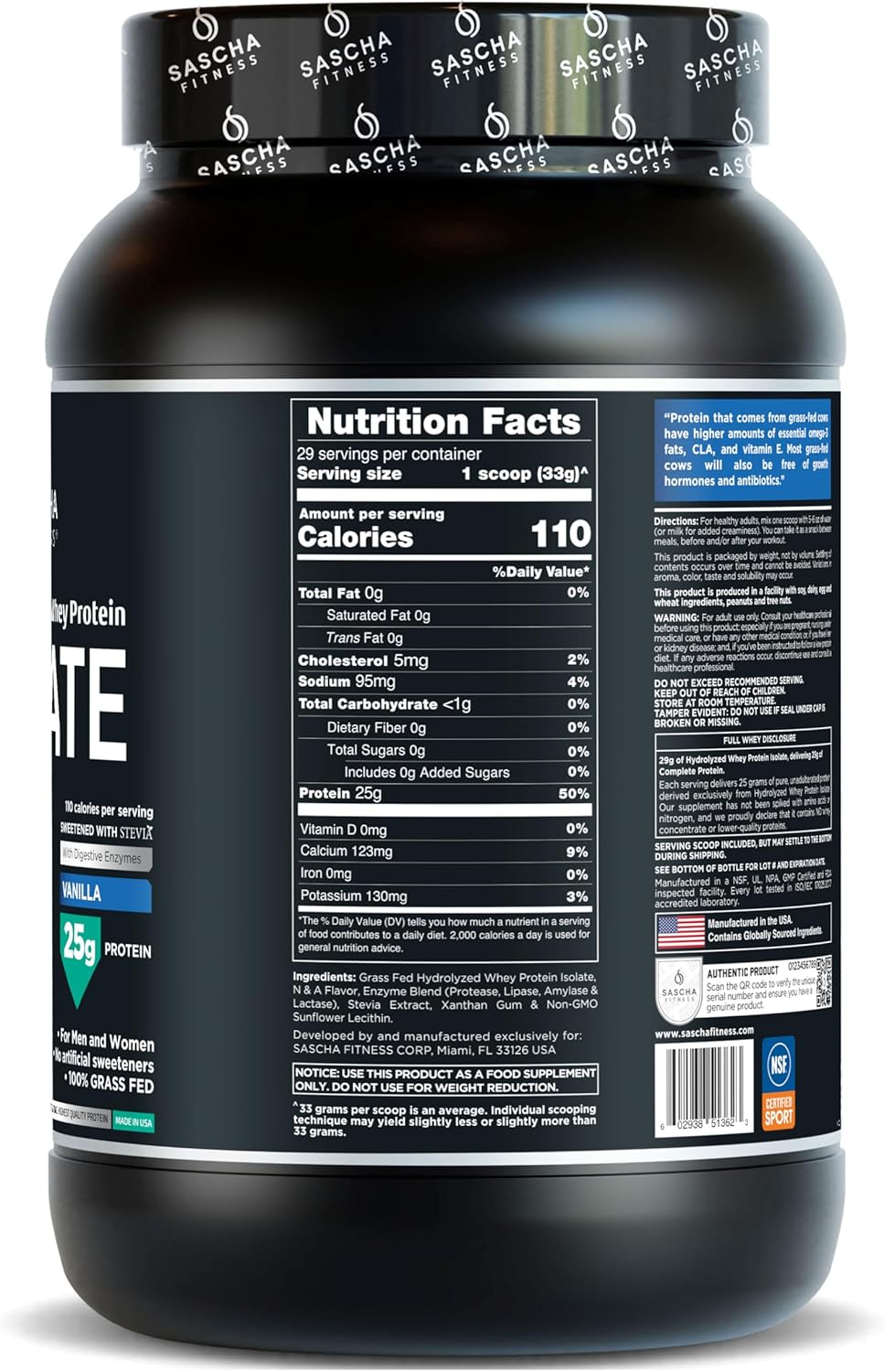 SASCHA FITNESS Hydrolyzed Whey Protein Isolate,100% Grass-Fed (2 Pounds, Vanilla) - Image 2