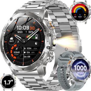 KPEP Military Smart Watches for Men with 2 Straps, 1000mAh Battery/LED Flashlight/IP67 Waterproof Smartwatch, Stress/Blood Oxygen/Heart Rate/Sleep Monitoring, Reminder, Fitness Tracker for iOS Android
