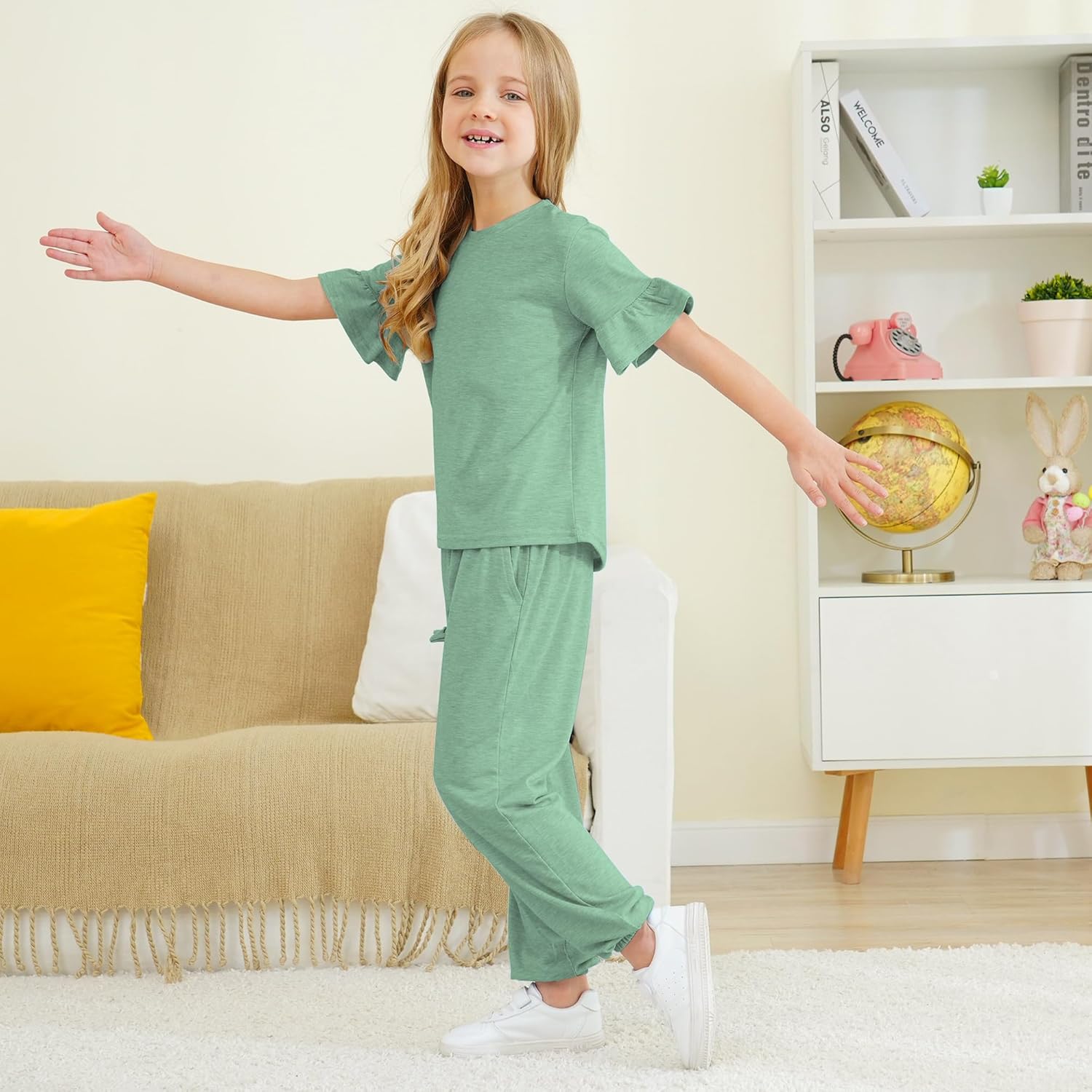 Jimonda Kids Girls Outfits Ruffle Sleeve T-Shirt and Pants Set with Side Pockets Clothing Set 2 Piece 4-13 Years Old - Image 3