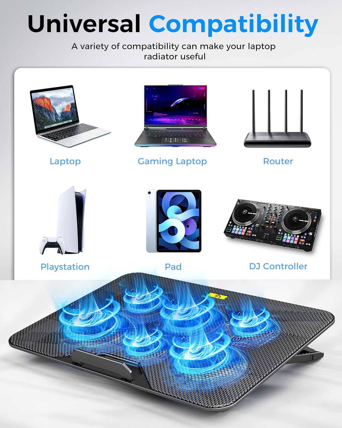 AICHESON Laptop Cooling Pad with 6 High-Speed Fans, Laptop Cooler with Adjustable Angles, Compatible with 14-17.3 Inch Laptops - Image 6