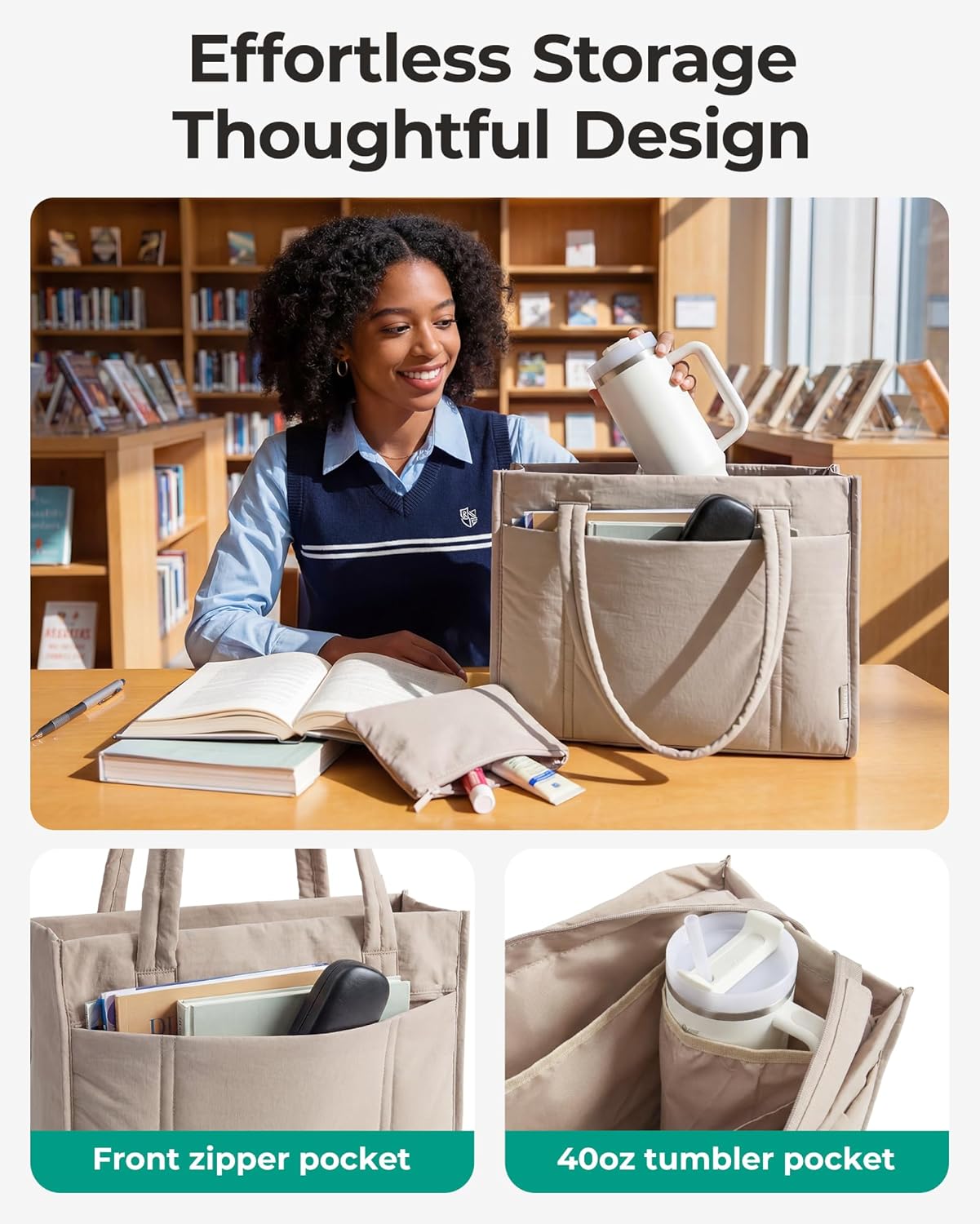 BAGSMART Tote Bag for Women, 2Pc Puffer Tote Bag with Zipper, Quilted Work Tote Teacher Bag Shoulder Handbag | Beach Tote, Diaper Bag Tote, for Travel, Gym, Lightweight, Fit 15.6" Laptop, 21L Medium Tote - Image 3