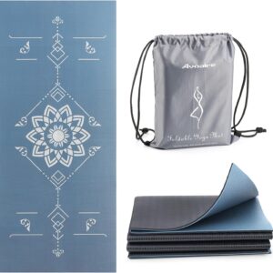 Avoalre Folding Yoga Mat, Eco-Friendly PVC Travel Yoga Mat Packable, Double Sided Non-Slip Printed Yoga Mats with Bag for Home Workout Gym Exercise Fitness Pilates Stretching (72″ x 32″ x 0.24″ Thick)