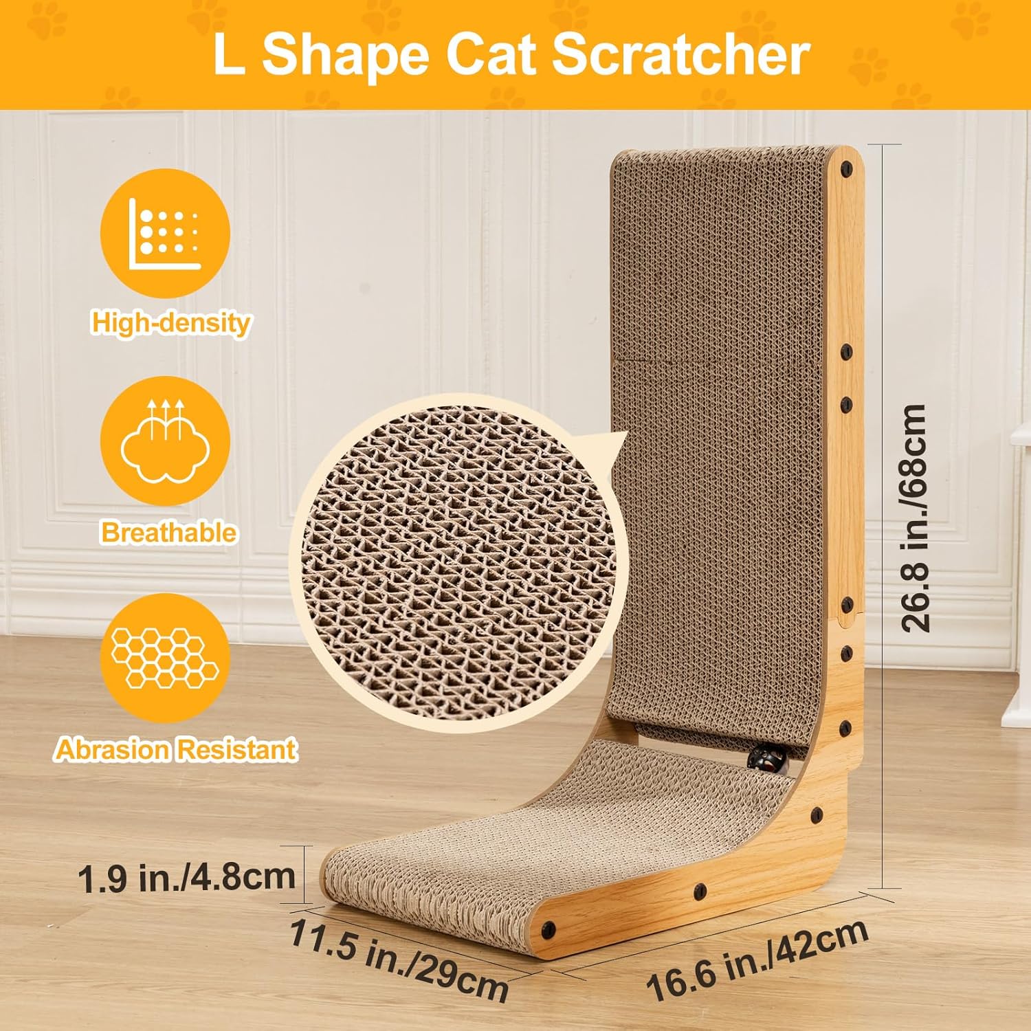 Poils bebe L Shape Cat Scratcher, 26.8 Inch Cat Scratchers for Indoor Cats, Protecting Furniture Cat Scratch Pad, Cardboard Cat Scratching with Ball Toy, Catnip, Large - Image 4